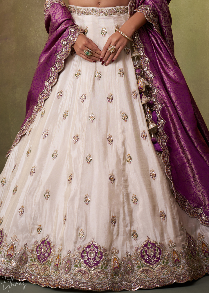 Ivory and Purple Floral Sequins Tissue Lehenga Choli