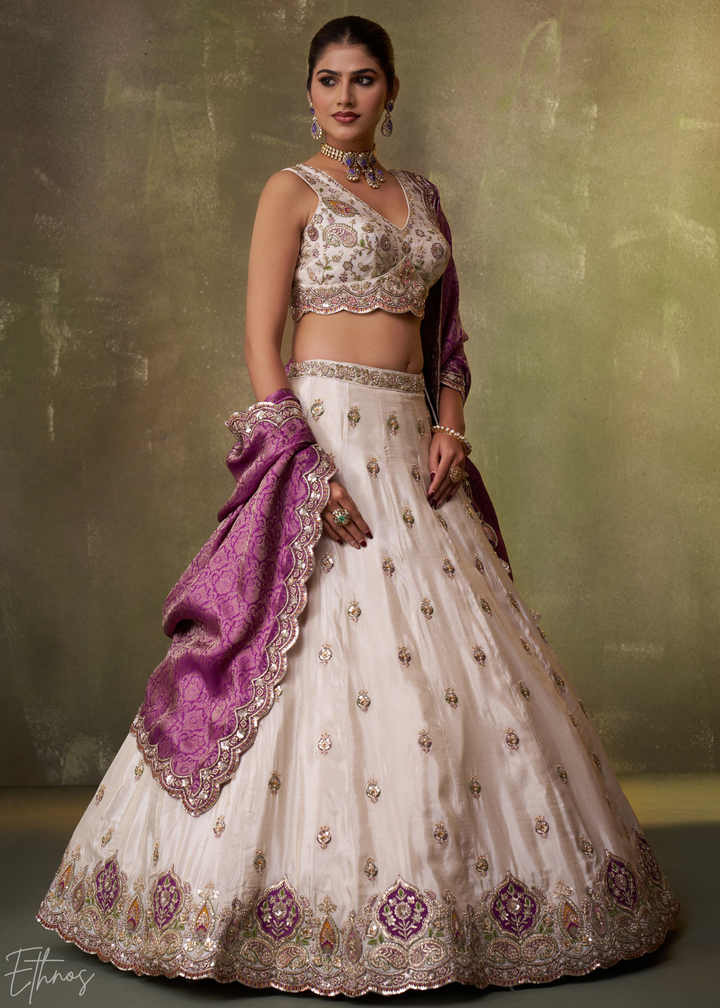 Ivory and Purple Floral Sequins Tissue Lehenga Choli