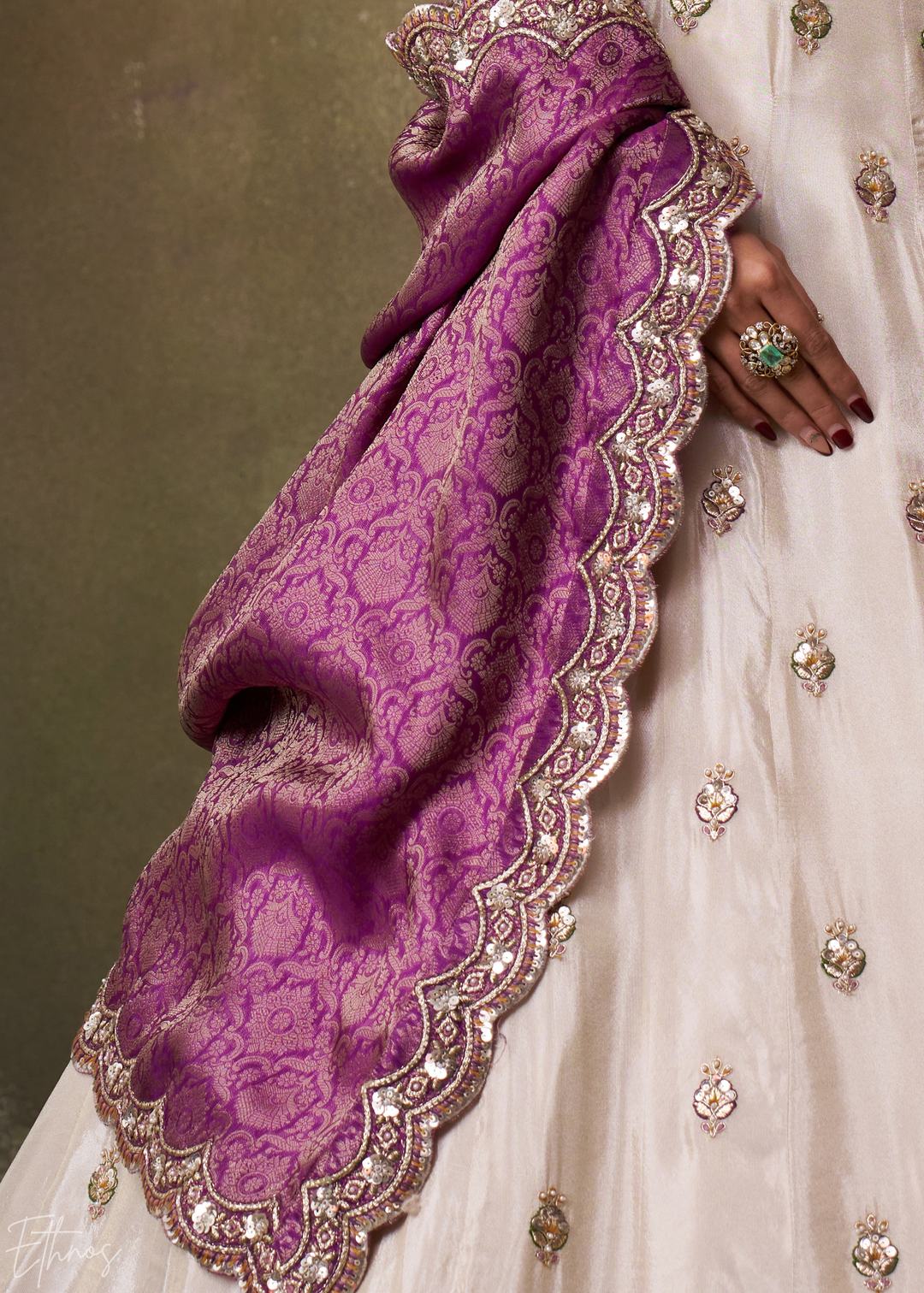 Ivory and Purple Floral Sequins Tissue Lehenga Choli