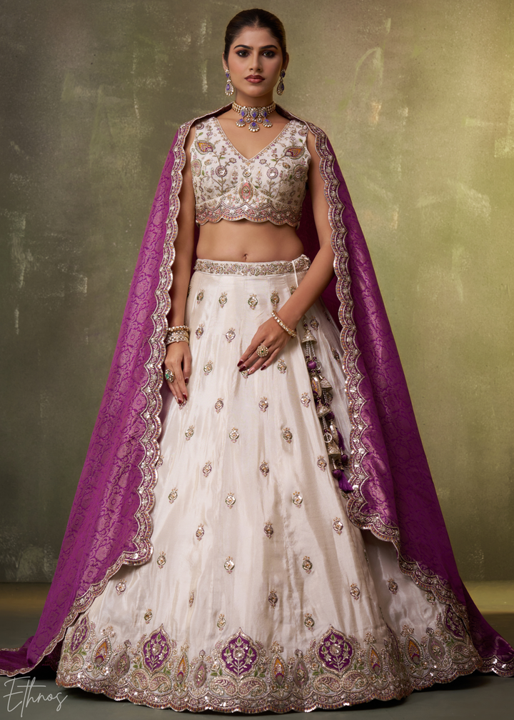 Ivory and Purple Floral Sequins Tissue Lehenga Choli
