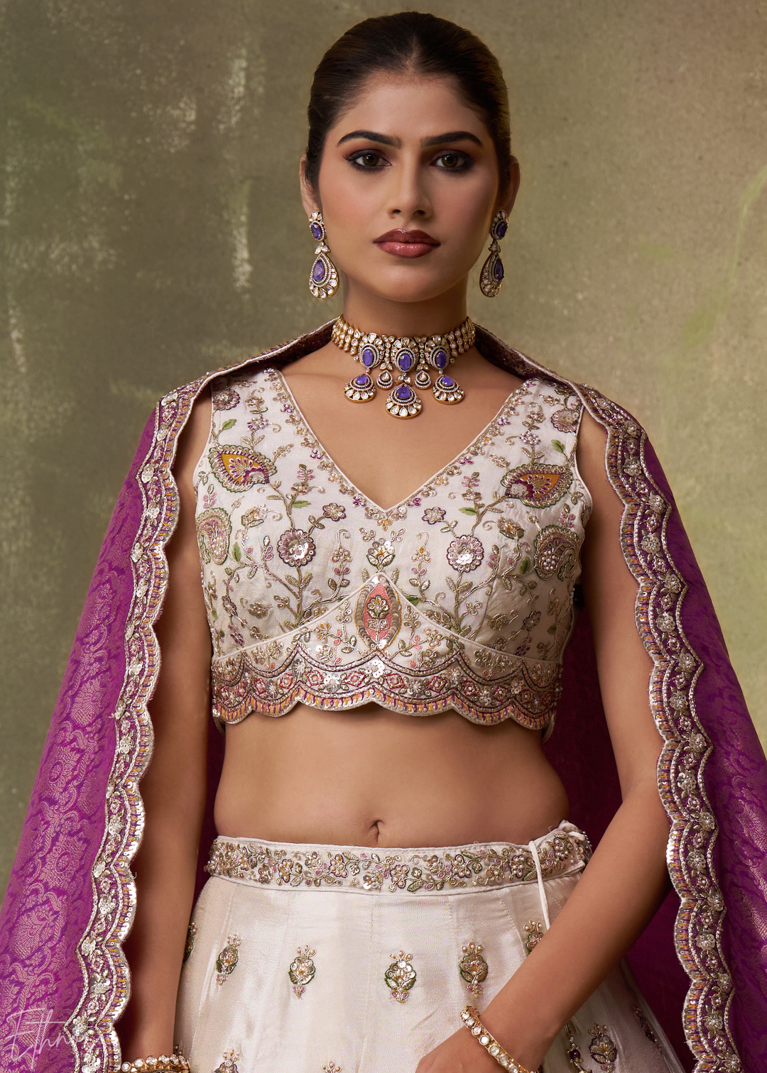 Ivory and Purple Floral Sequins Tissue Lehenga Choli