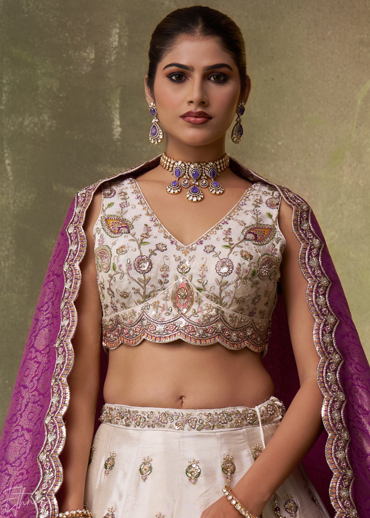 Ivory and Purple Floral Sequins Tissue Lehenga Choli