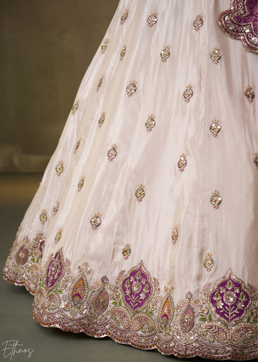 Ivory and Purple Floral Sequins Tissue Lehenga Choli
