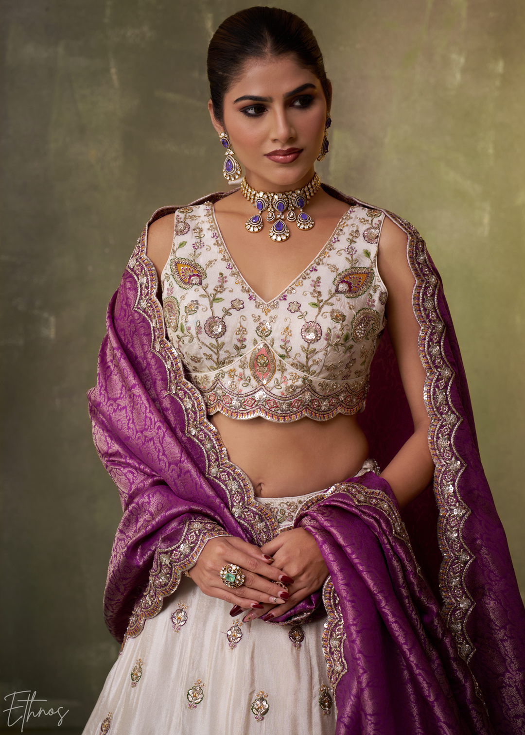 Ivory and Purple Floral Sequins Tissue Lehenga Choli