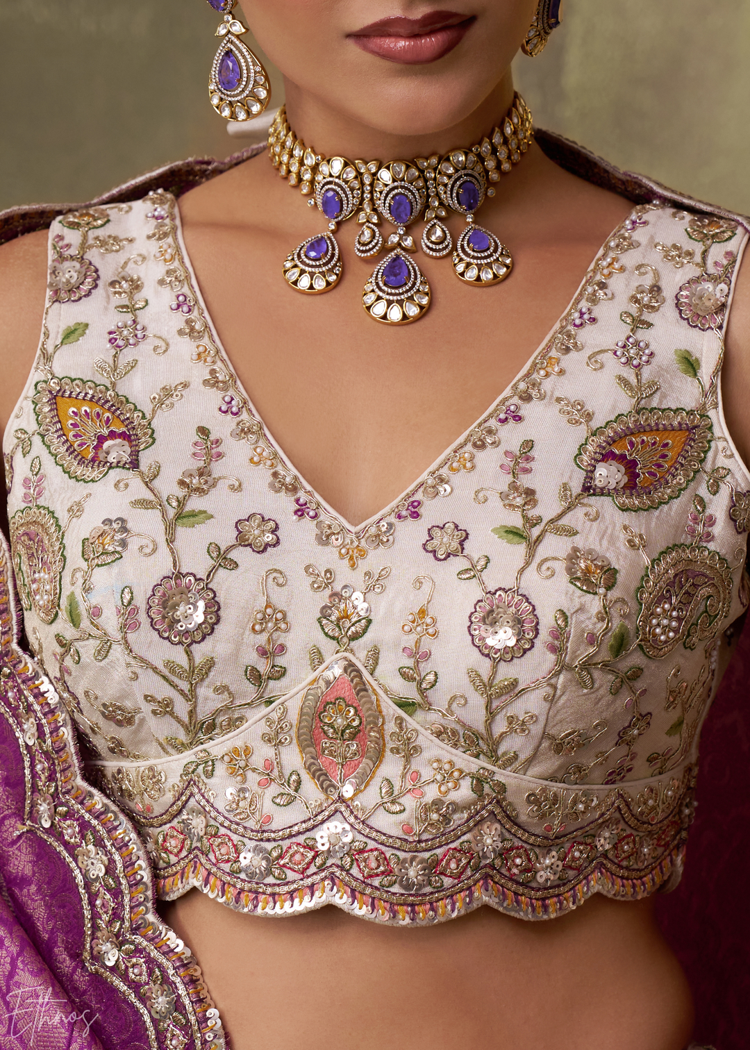 Ivory and Purple Floral Sequins Tissue Lehenga Choli