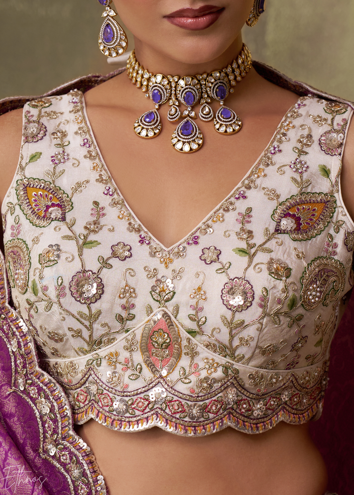 Ivory and Purple Floral Sequins Tissue Lehenga Choli