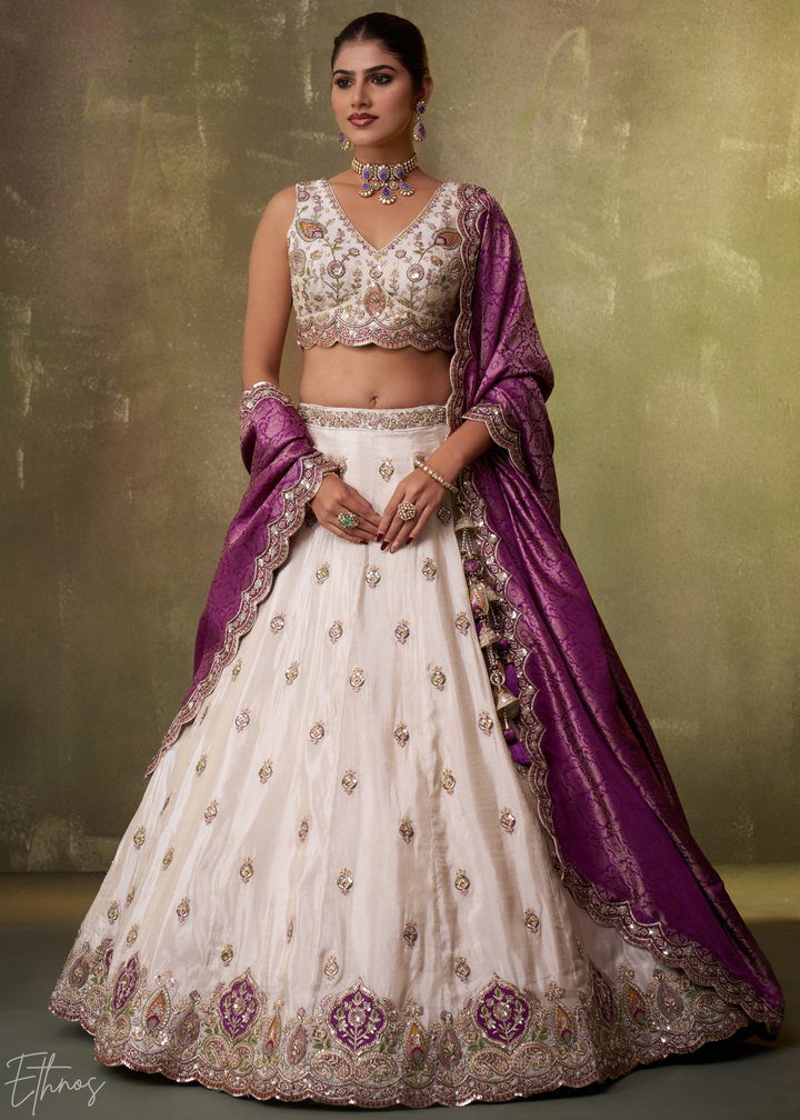 Ivory and Purple Floral Sequins Tissue Lehenga Choli