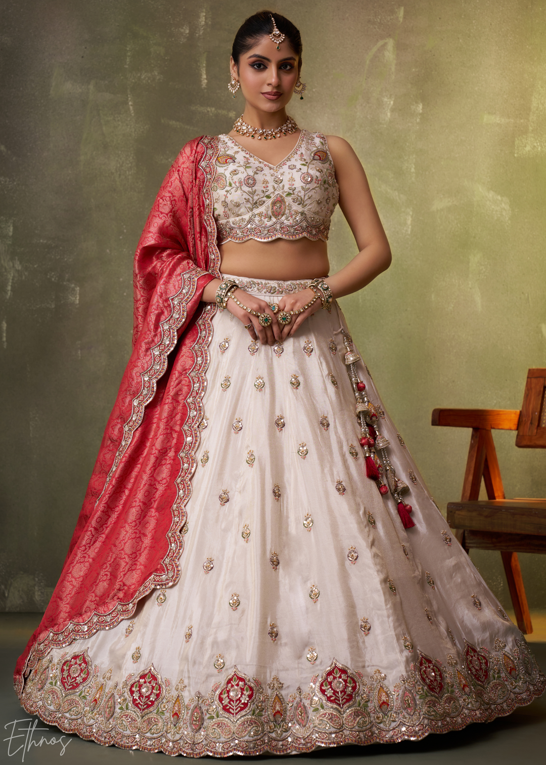 Ivory and Red Floral Sequins Tissue Lehenga Choli