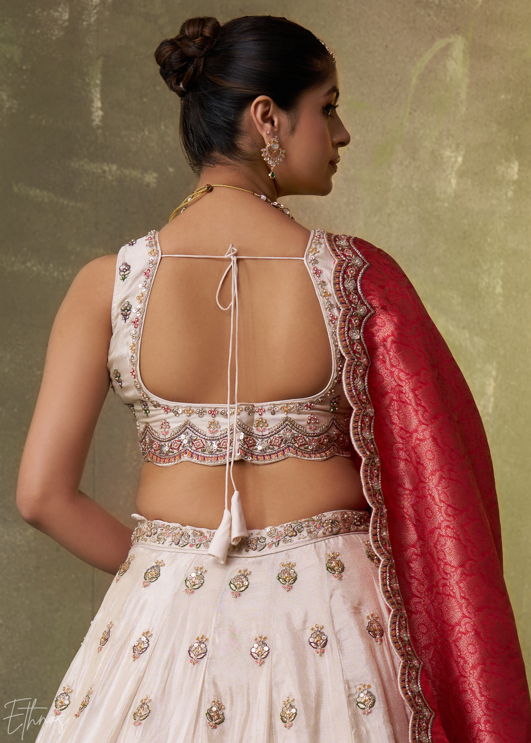 Ivory and Red Floral Sequins Tissue Lehenga Choli