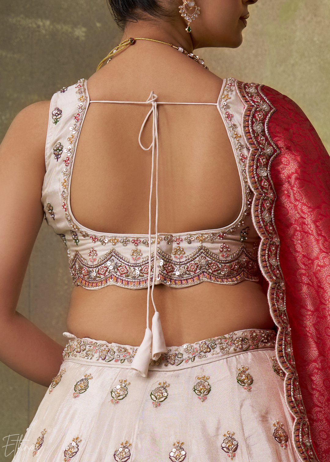 Ivory and Red Floral Sequins Tissue Lehenga Choli