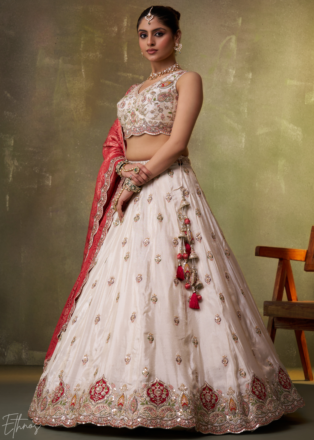 Ivory and Red Floral Sequins Tissue Lehenga Choli