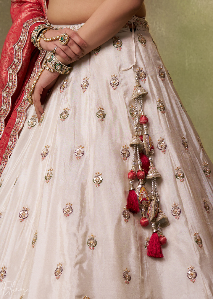 Ivory and Red Floral Sequins Tissue Lehenga Choli