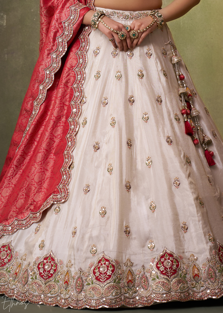 Ivory and Red Floral Sequins Tissue Lehenga Choli