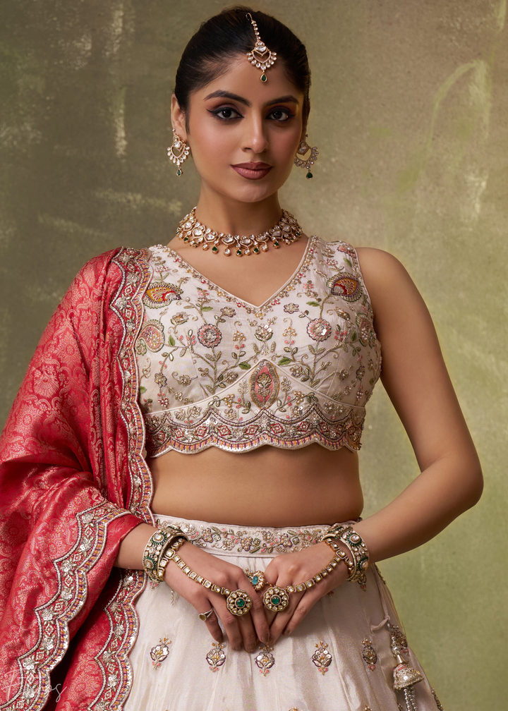 Ivory and Red Floral Sequins Tissue Lehenga Choli