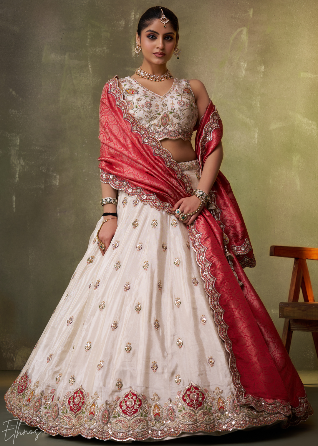 Ivory and Red Floral Sequins Tissue Lehenga Choli