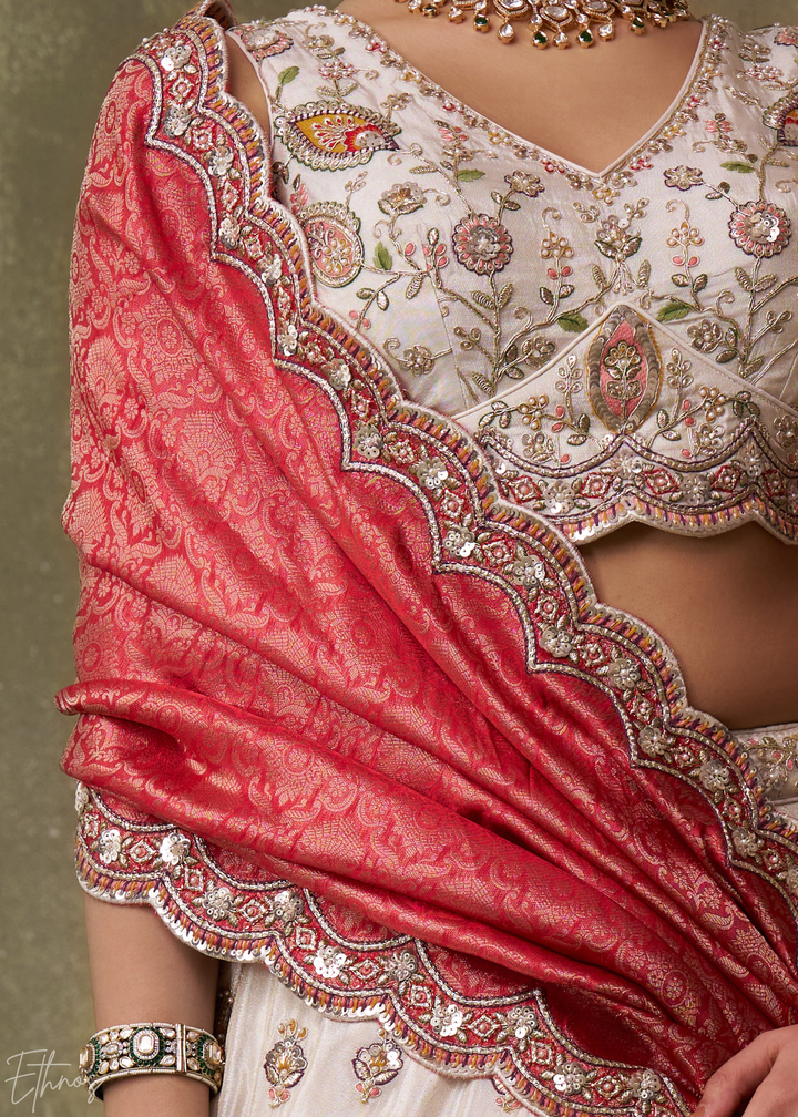 Ivory and Red Floral Sequins Tissue Lehenga Choli