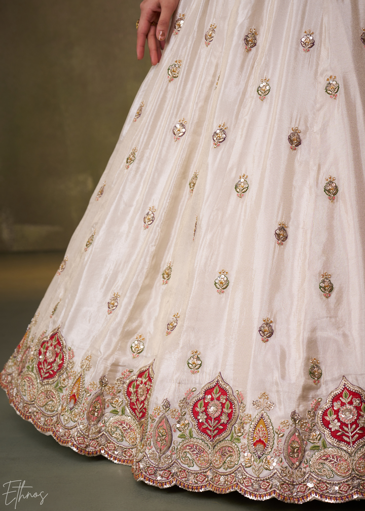 Ivory and Red Floral Sequins Tissue Lehenga Choli