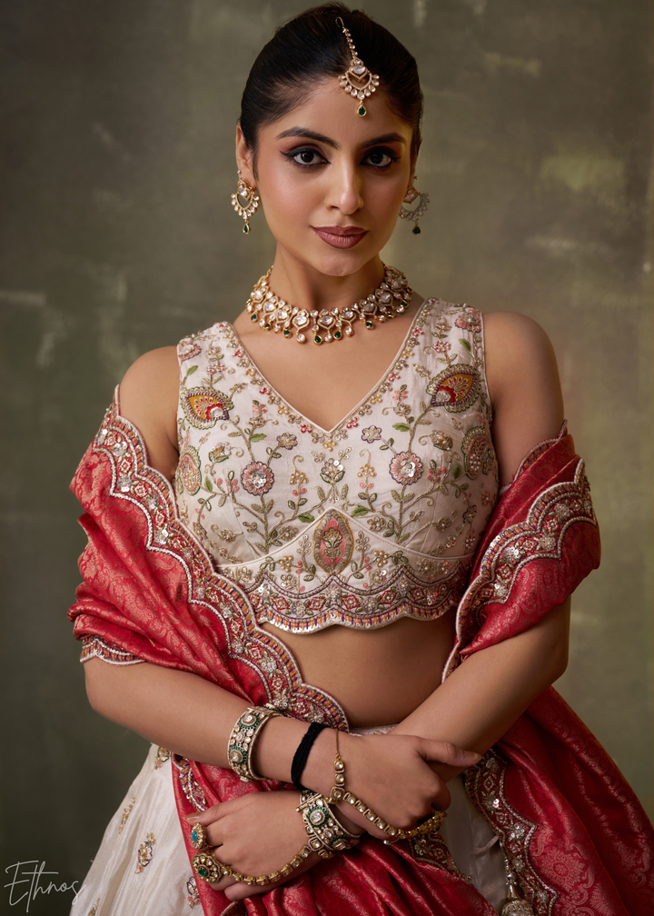 Ivory and Red Floral Sequins Tissue Lehenga Choli
