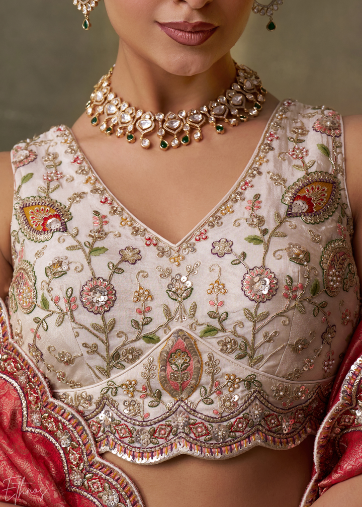 Ivory and Red Floral Sequins Tissue Lehenga Choli