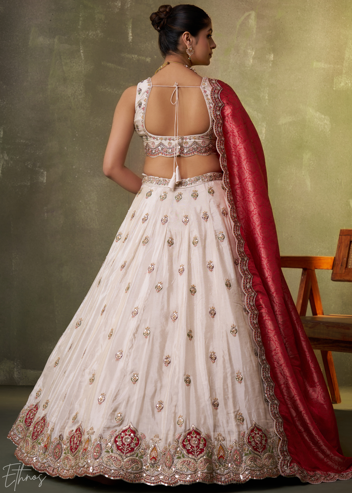 Ivory and Red Floral Sequins Tissue Lehenga Choli
