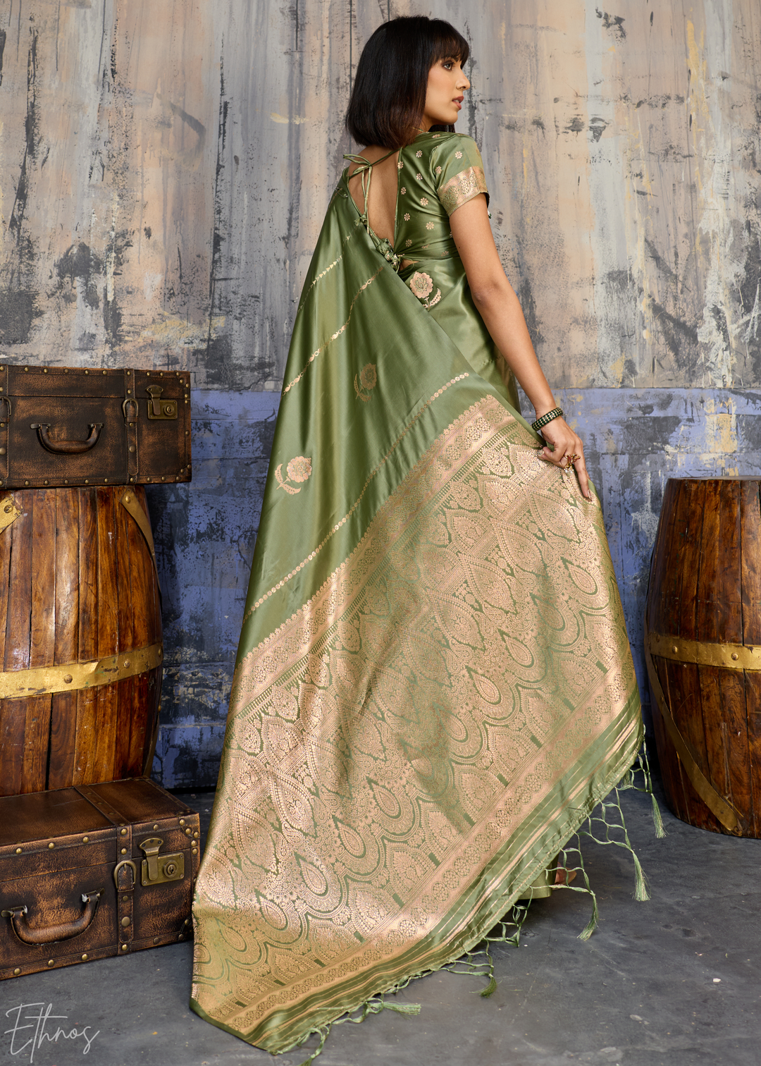 Jade Earth Floral Woven Satin Saree