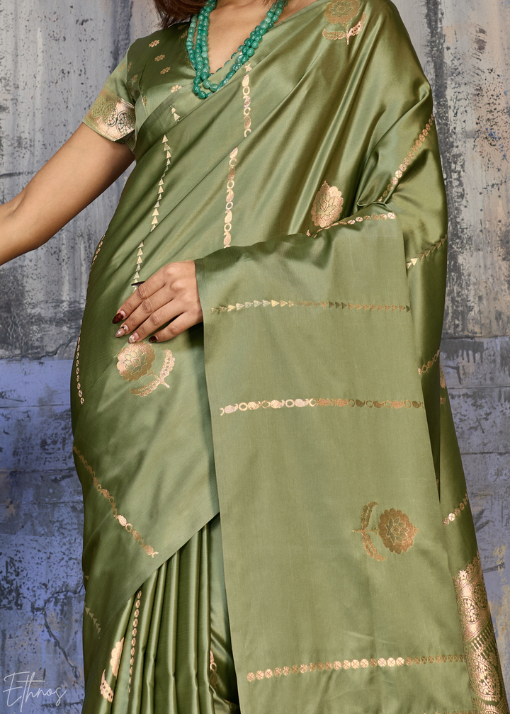 Jade Earth Floral Woven Satin Saree
