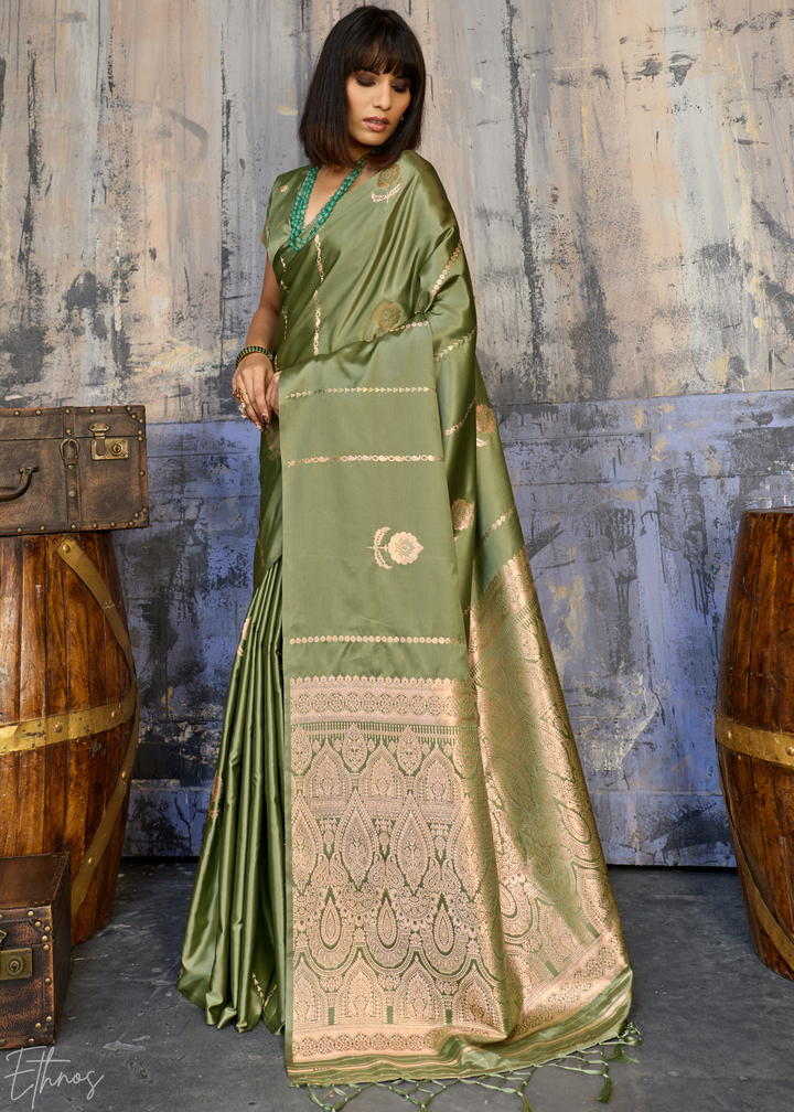 Jade Earth Floral Woven Satin Saree
