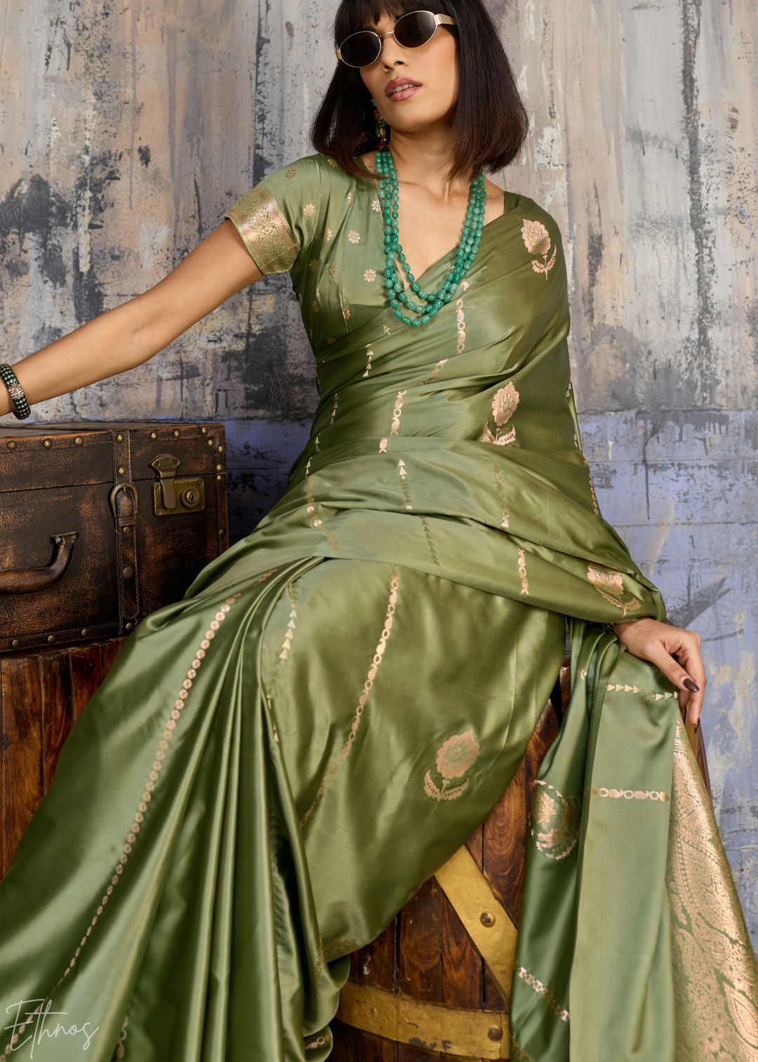 Jade Earth Floral Woven Satin Saree