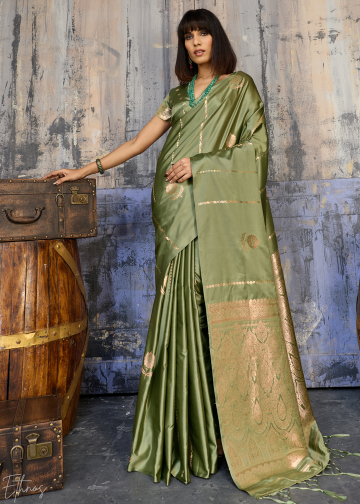 Jade Earth Floral Woven Satin Saree