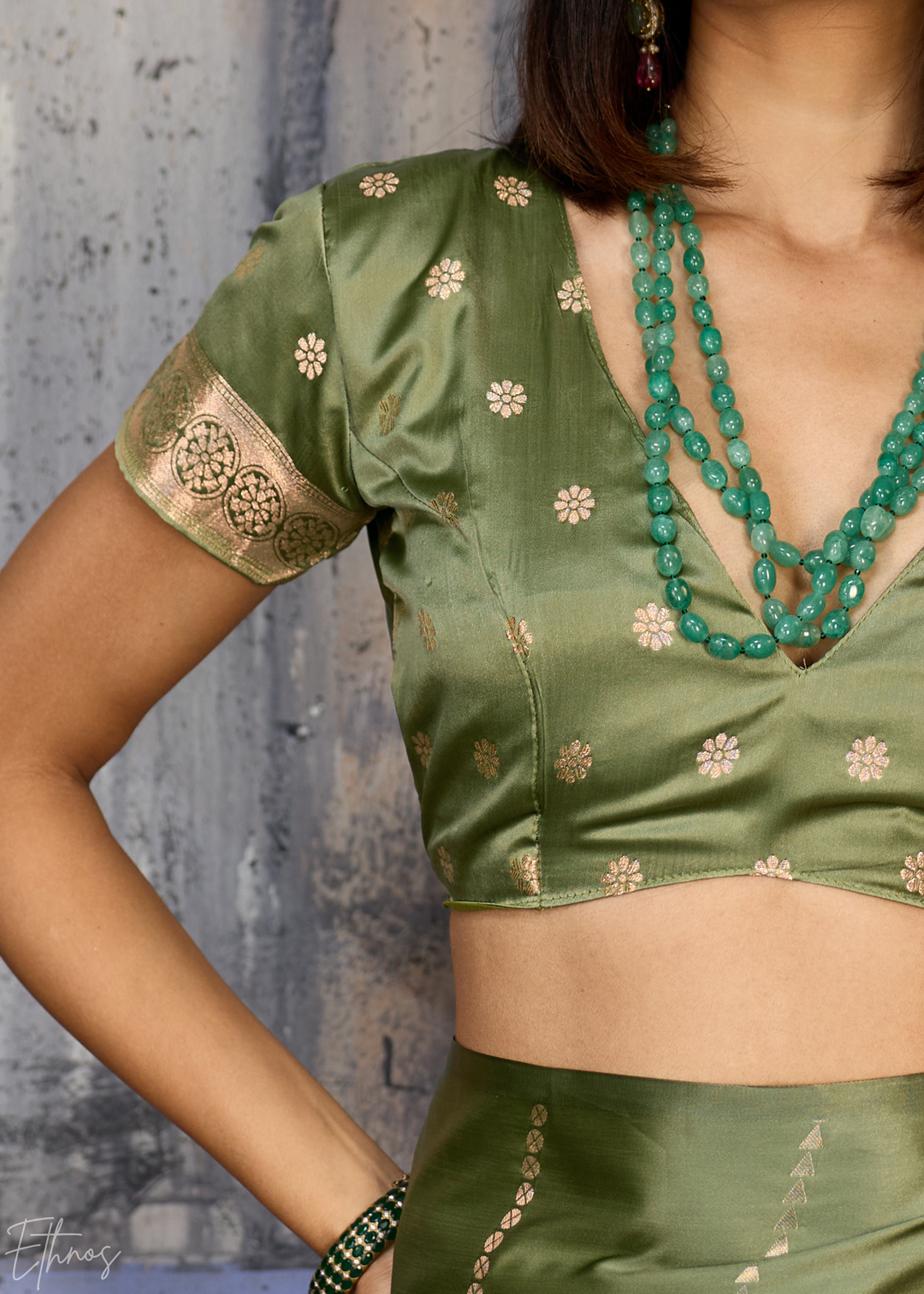 Jade Earth Floral Woven Satin Saree