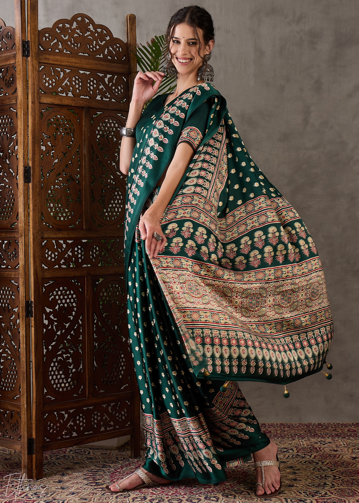 Jade Forest Arabesque Print Semi-Modal Silk Saree