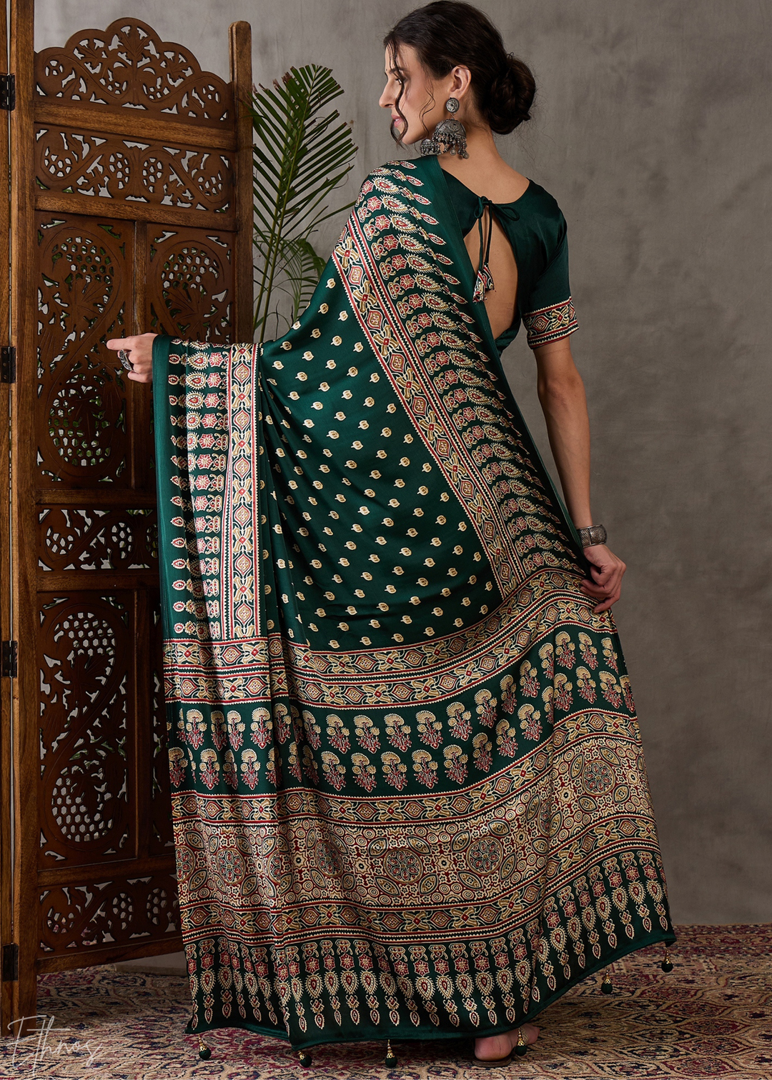 Jade Forest Arabesque Print Semi-Modal Silk Saree