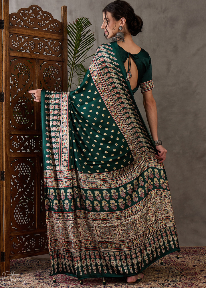 Jade Forest Arabesque Print Semi-Modal Silk Saree