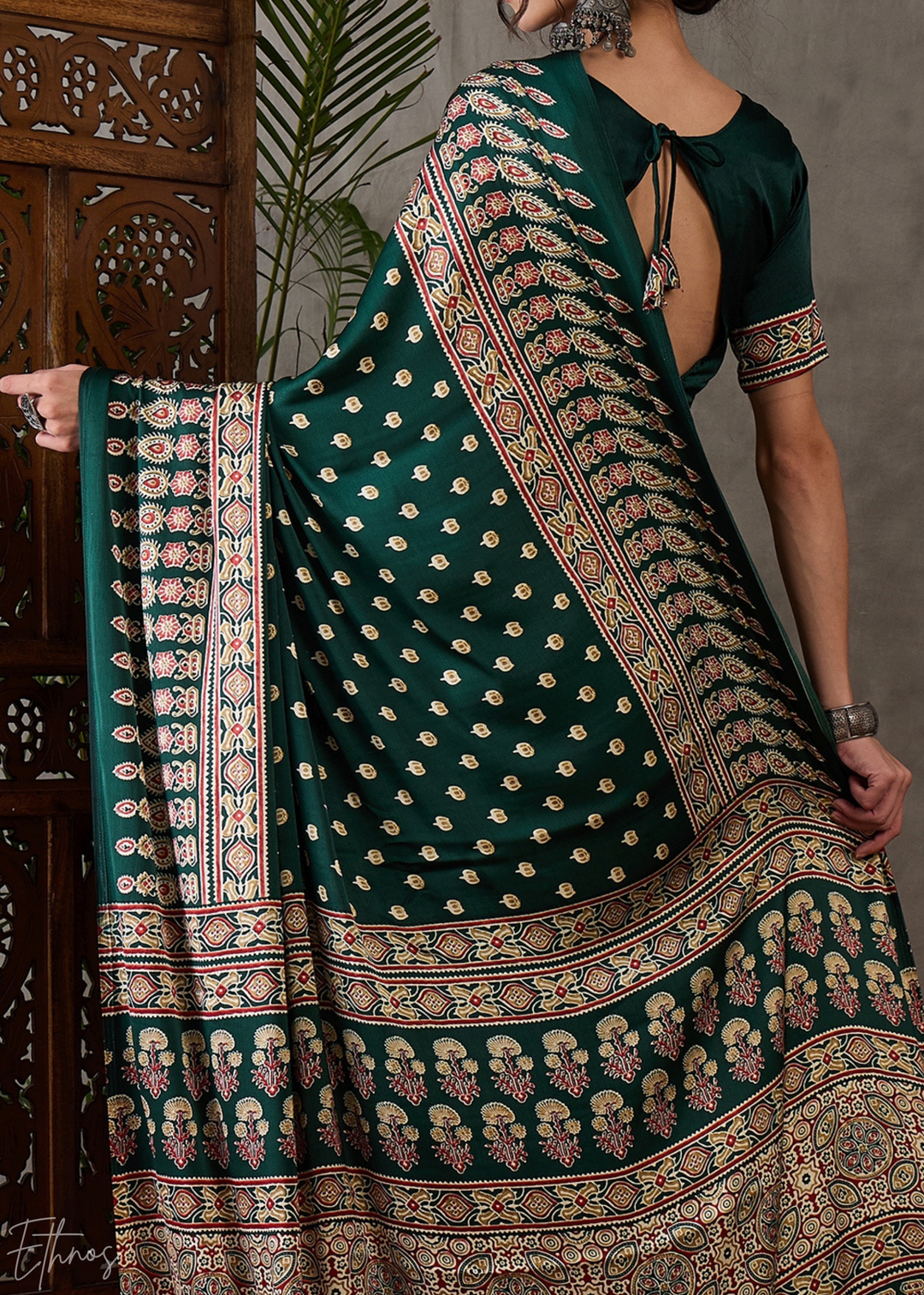 Jade Forest Arabesque Print Semi-Modal Silk Saree