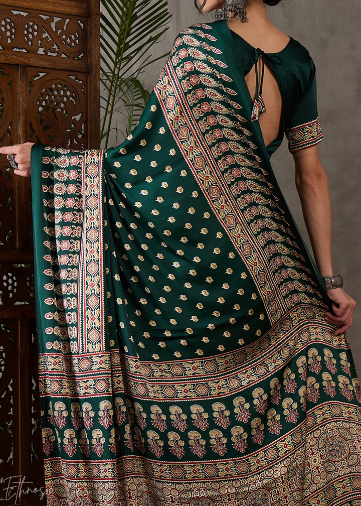 Jade Forest Arabesque Print Semi-Modal Silk Saree