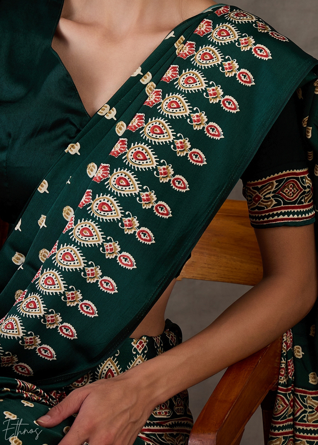 Jade Forest Arabesque Print Semi-Modal Silk Saree