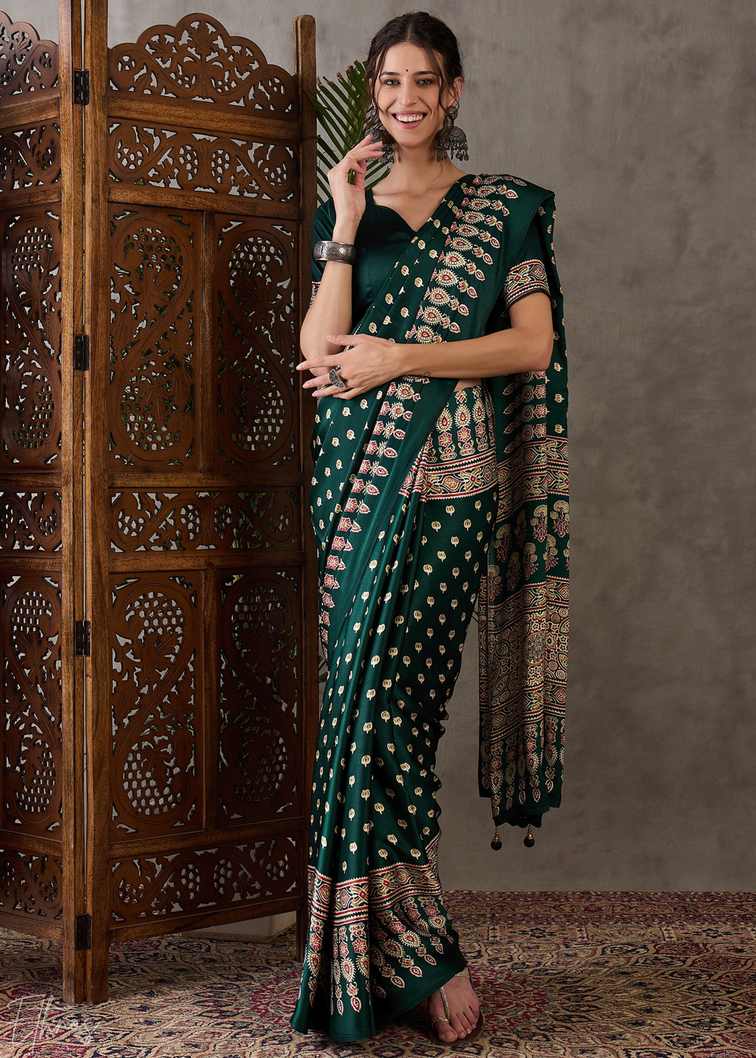 Jade Forest Arabesque Print Semi-Modal Silk Saree