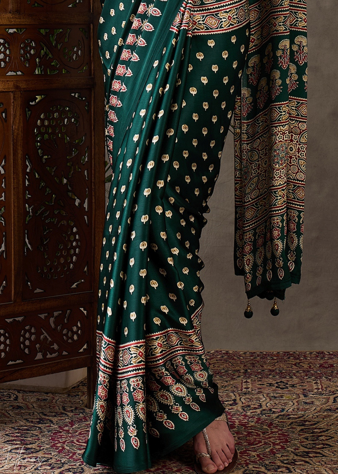 Jade Forest Arabesque Print Semi-Modal Silk Saree