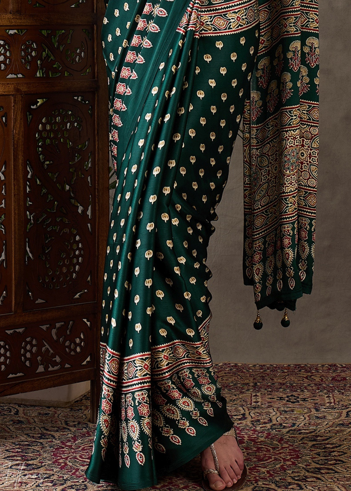 Jade Forest Arabesque Print Semi-Modal Silk Saree