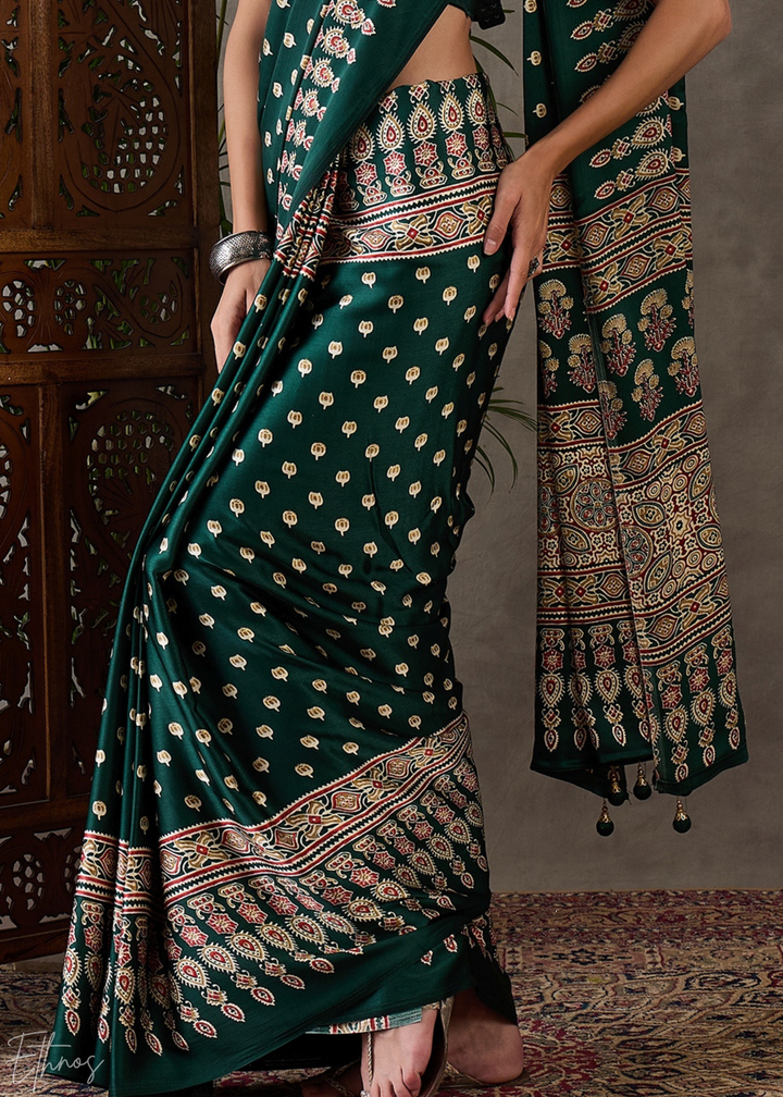 Jade Forest Arabesque Print Semi-Modal Silk Saree