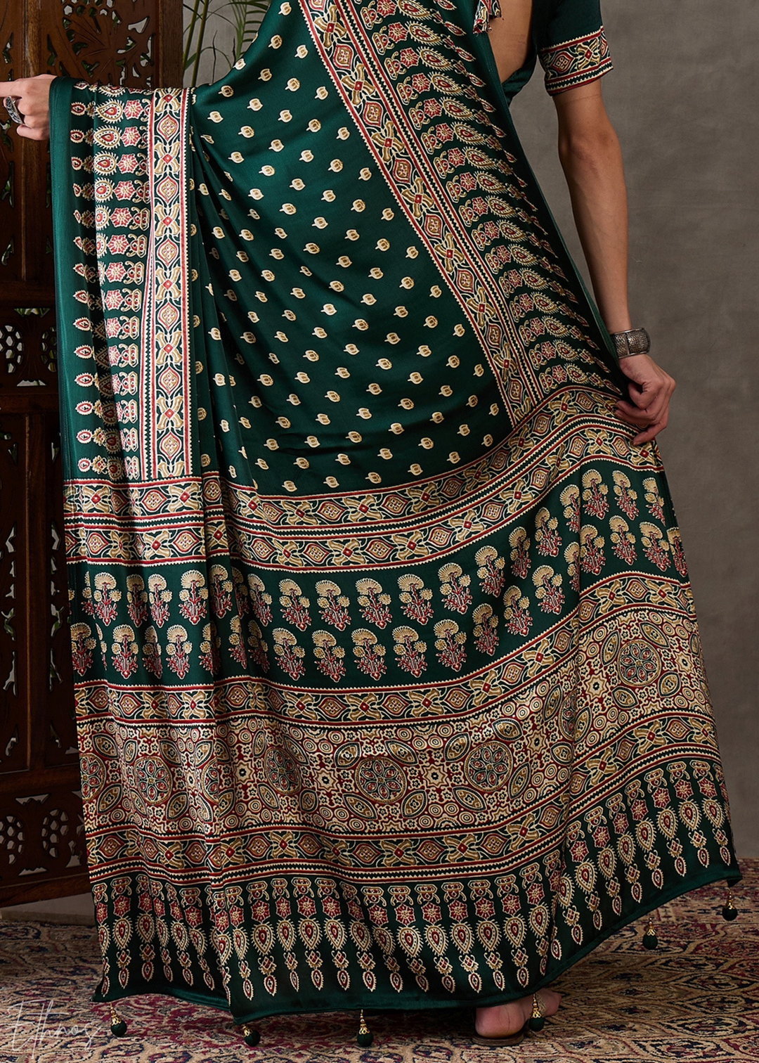 Jade Forest Arabesque Print Semi-Modal Silk Saree
