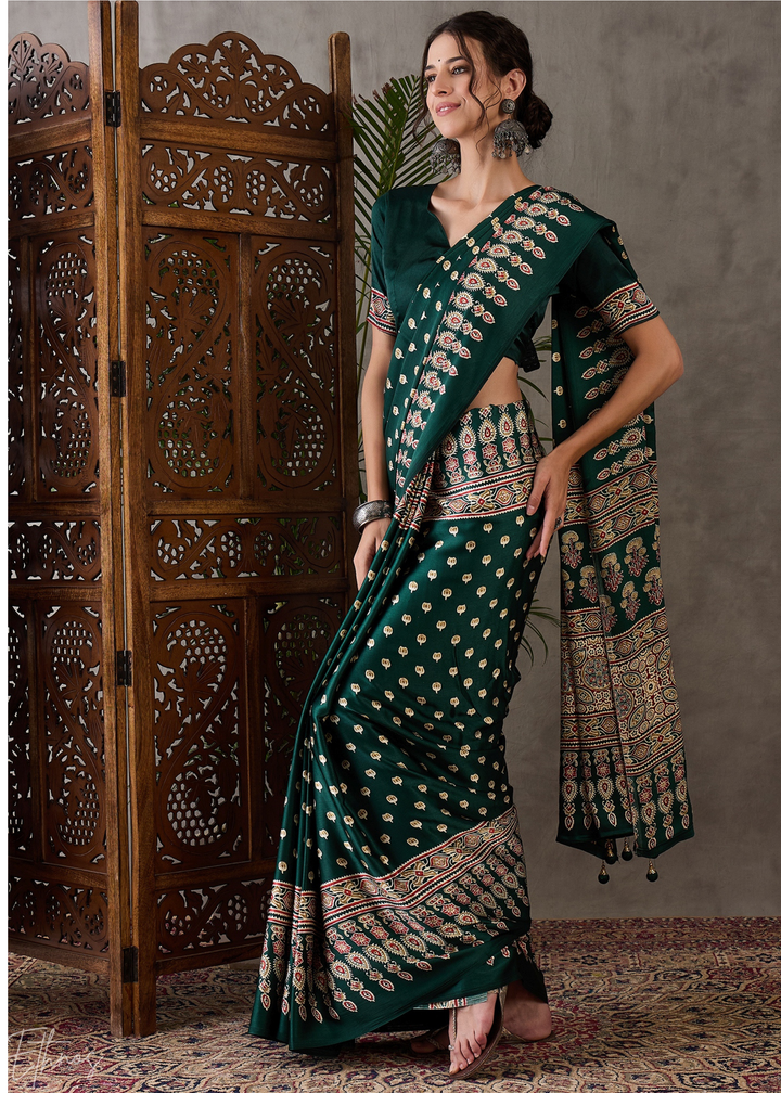 Jade Forest Arabesque Print Semi-Modal Silk Saree