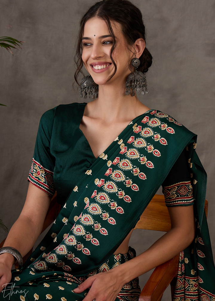 Jade Forest Arabesque Print Semi-Modal Silk Saree