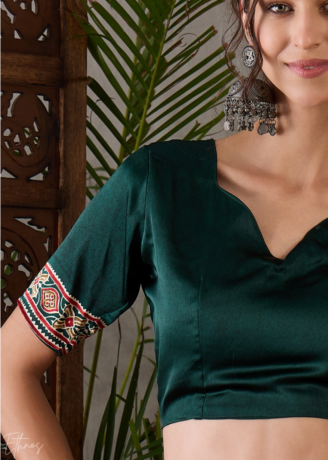 Jade Forest Arabesque Print Semi-Modal Silk Saree