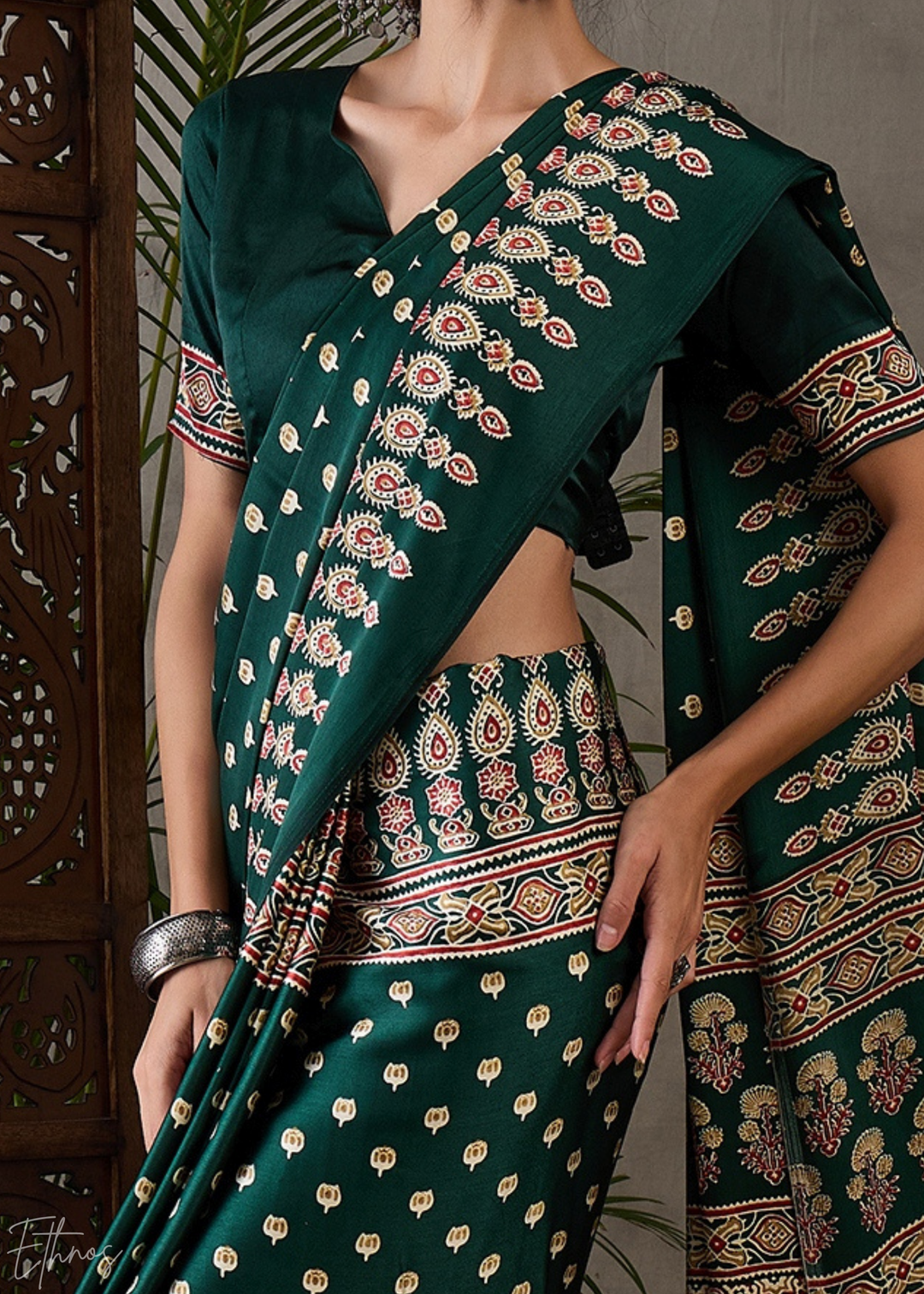 Jade Forest Arabesque Print Semi-Modal Silk Saree
