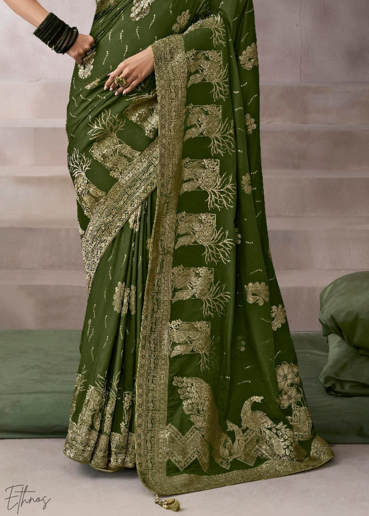 Jade Forest Paisley Crepe Silk Saree