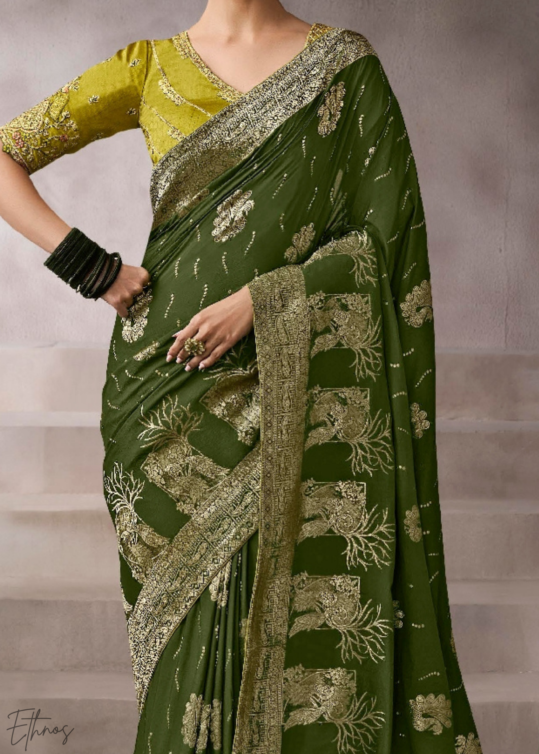 Jade Forest Paisley Crepe Silk Saree