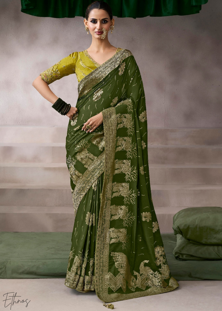 Jade Forest Paisley Crepe Silk Saree