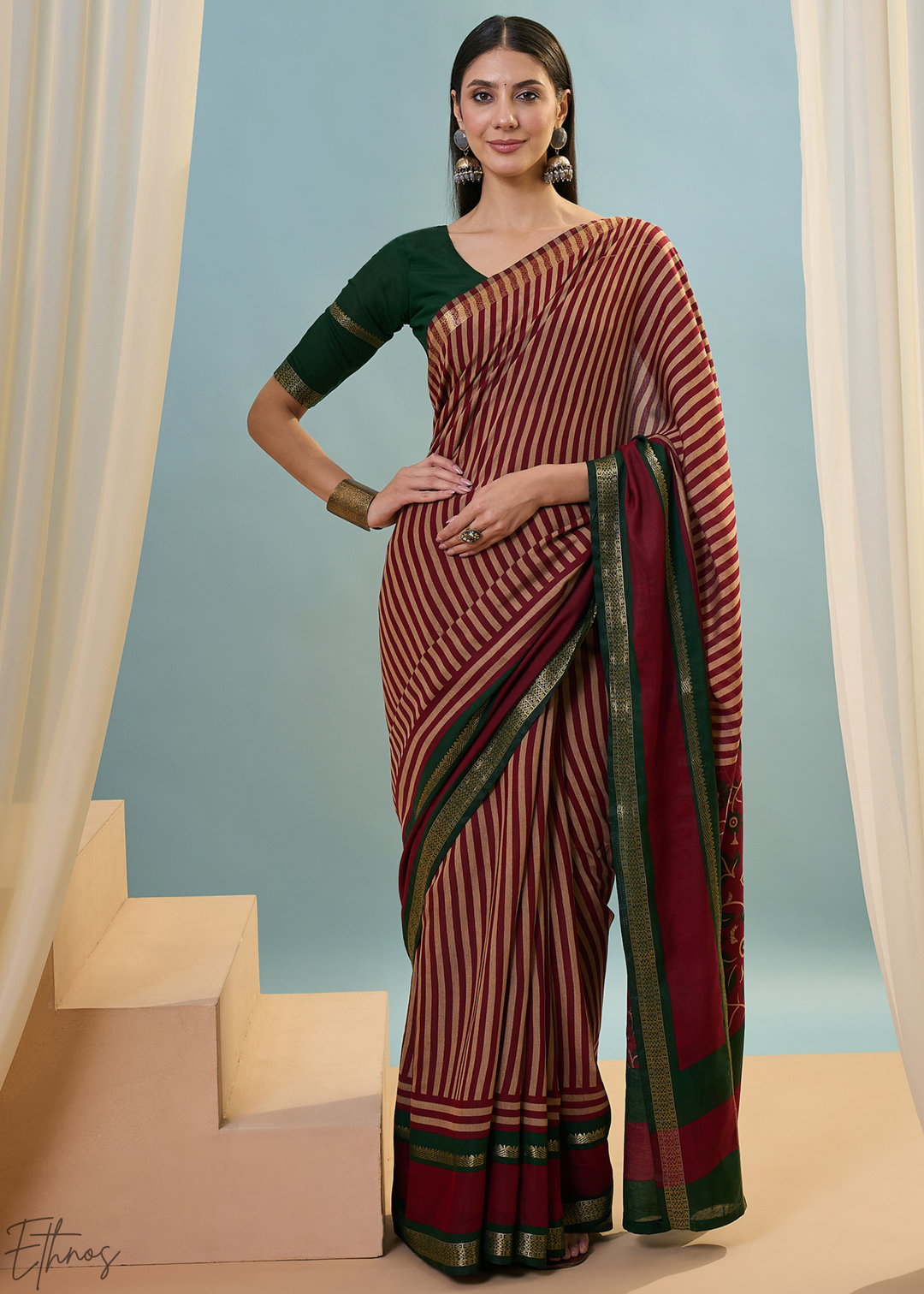 Jasper Red Striped Ajrakh PV Cotton Saree