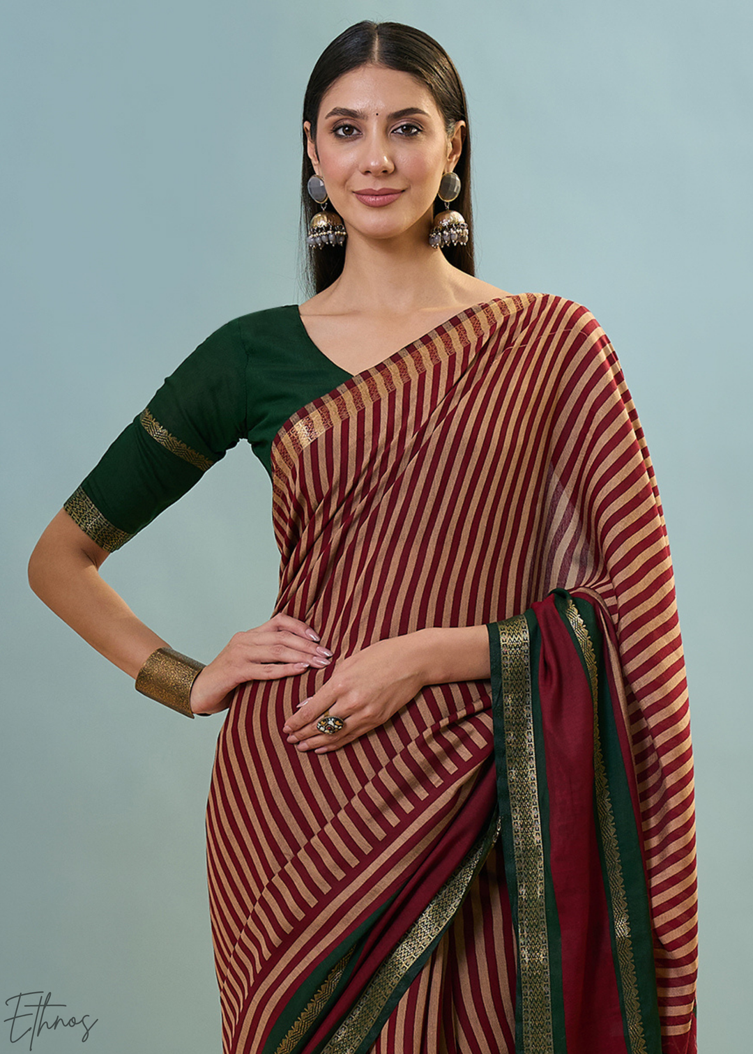 Jasper Red Striped Ajrakh PV Cotton Saree